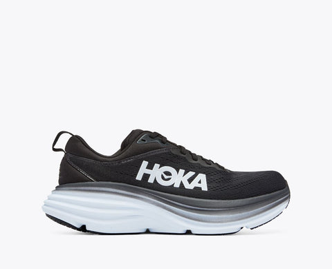 Hoka Women's Bondi 8 Cushioned Road Running Shoe in Black/White  Available in Wide Widths